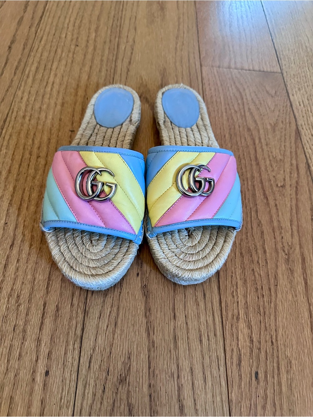 Gucci GG Marmont Espadrille Slides feature pastel quilted leather straps